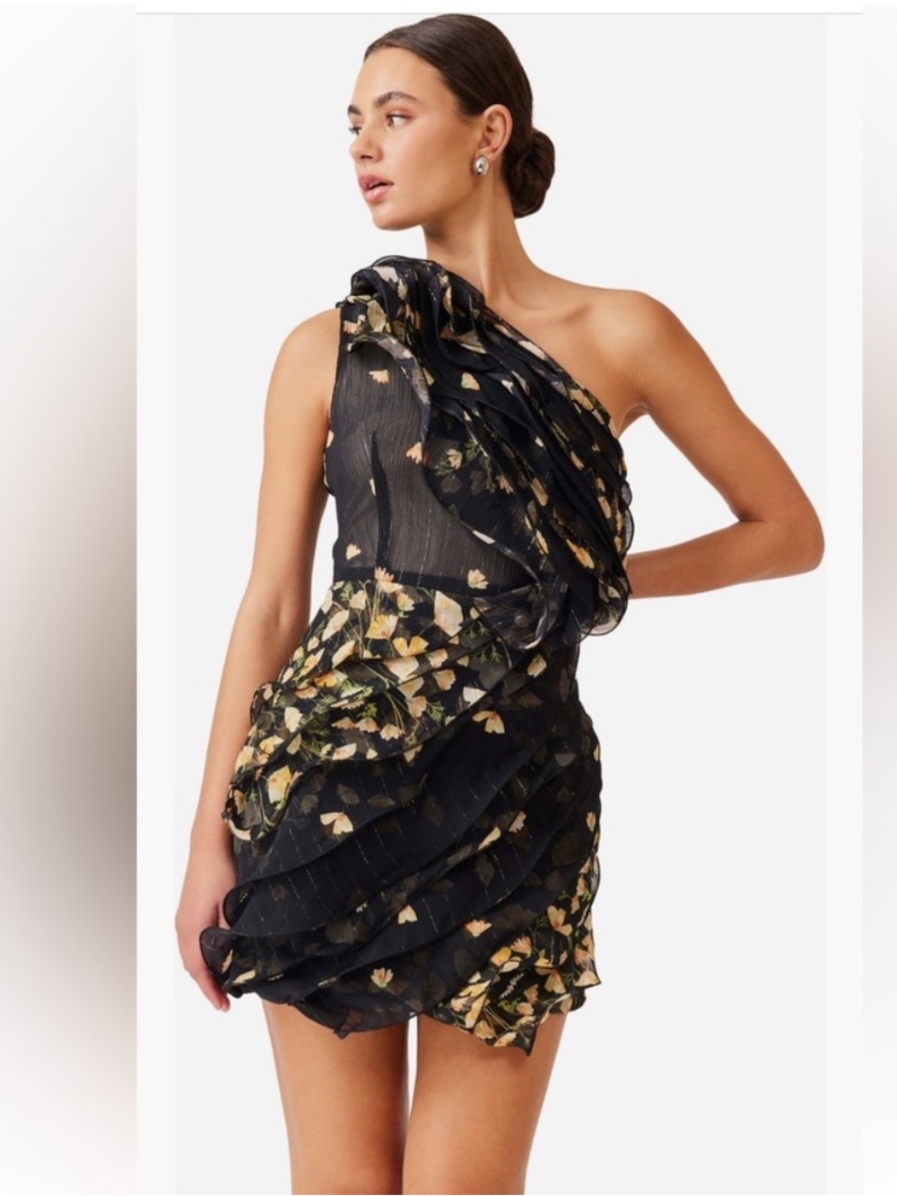 Elliatt tulisa black floral print ruffle one shoulder mini dress size small NEW